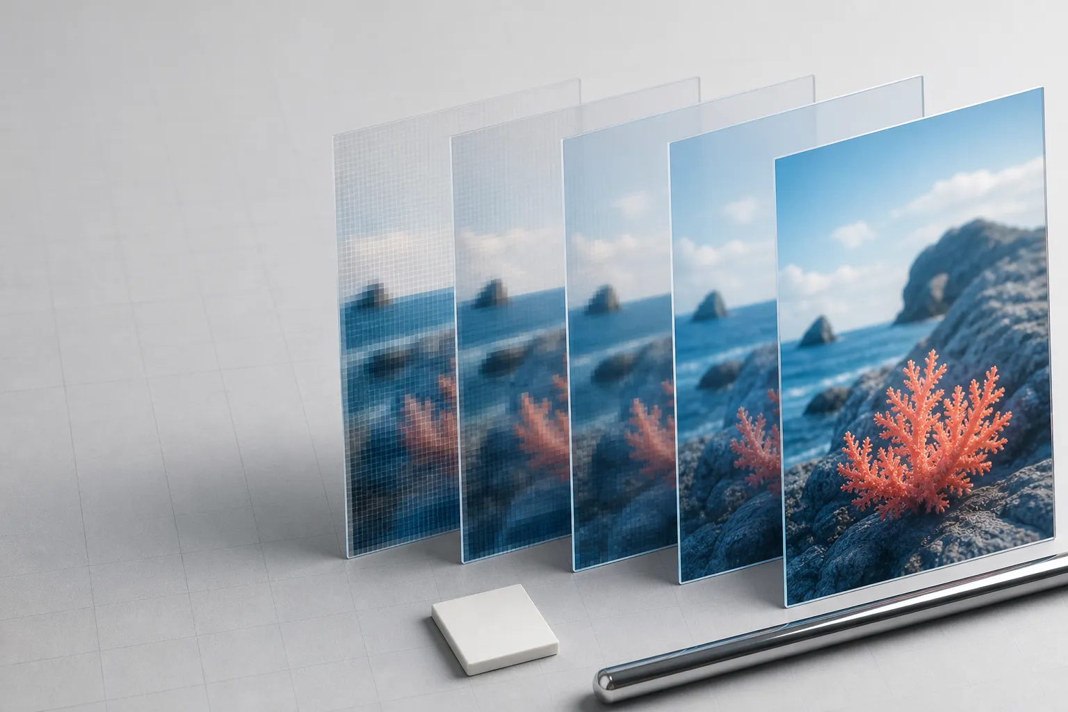 A photograph becoming clearer across layered glass image panels